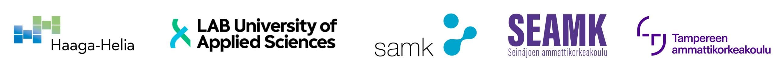 Menestysreseptin toteuttaja ammattikorkeakoulujen logot: Haaga-Helia, LAB-ammattikorkeakoulu, Satakunnan ammattikorkeakoulu, Seinäjoen ammattikorkeakoulu ja Tampereen ammattikorkeakoulu.