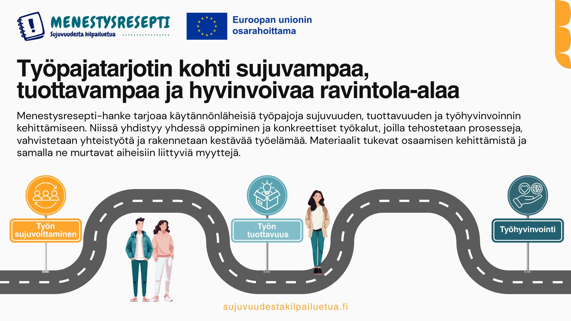 Työpajatarjottimen kansikuva. Kansikuvassa tekstiä ja mutkitteleva tie,